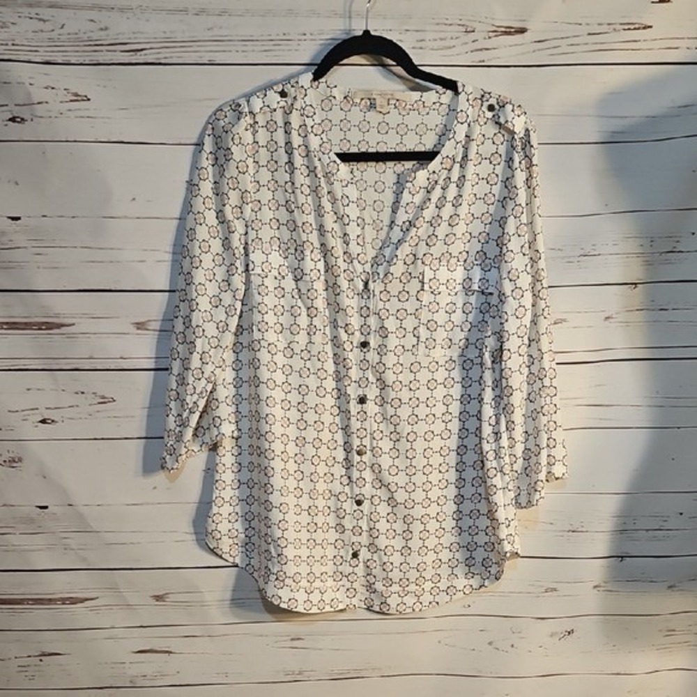41 HAWTHORN Women's Blouse Top Button Down 3/4 Sleeve Geometric Print Size L